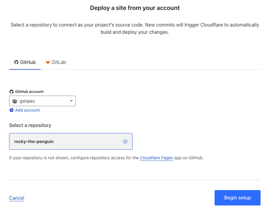 Cloudflare deploy from GitHub repository selection