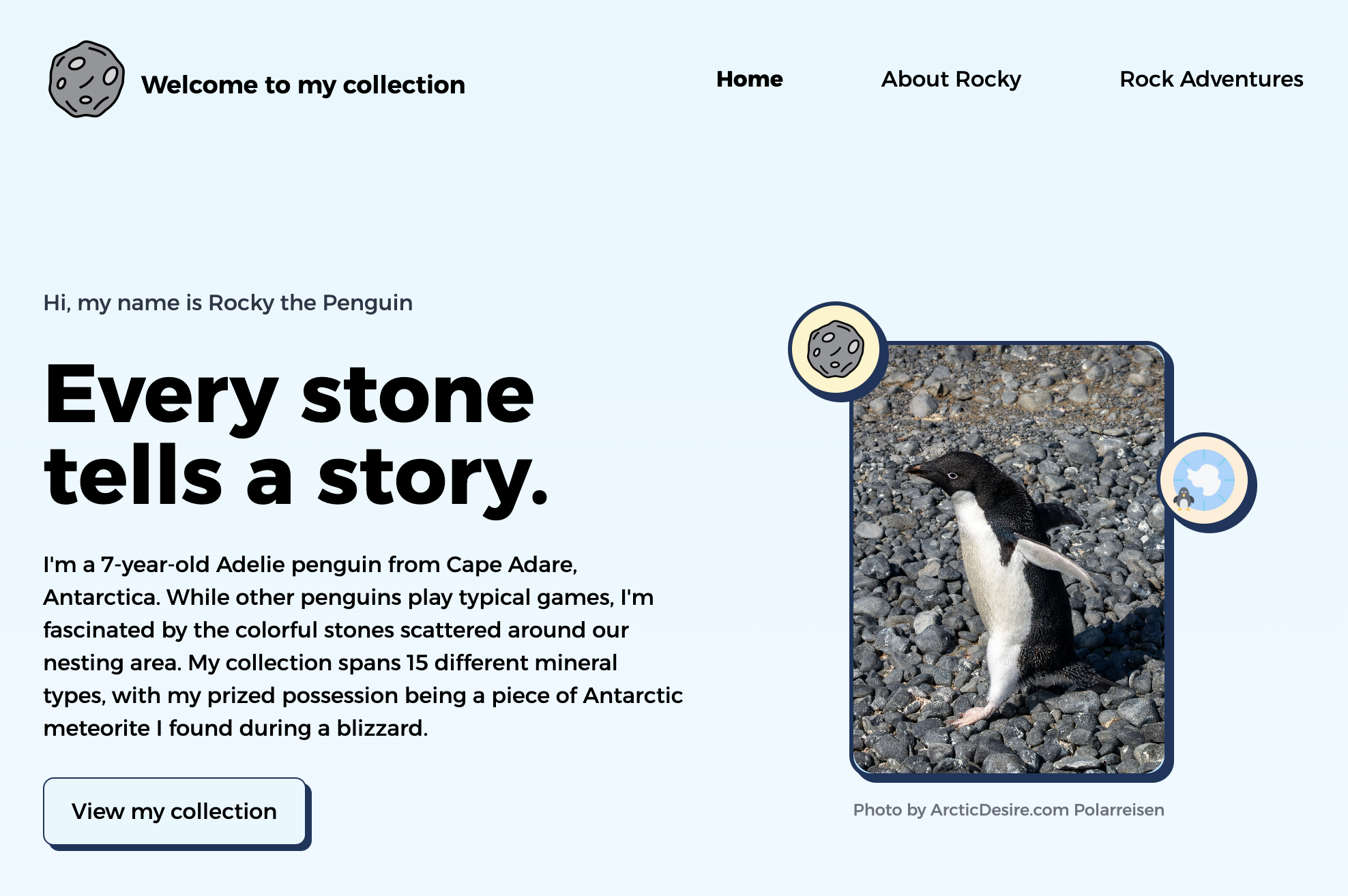 Rocky's completed website with Antarctic theme